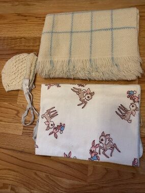 2 Vintage 1950s Baby Blankets and a Bonnet Hat Knit Ribbon Deer Antique Retro